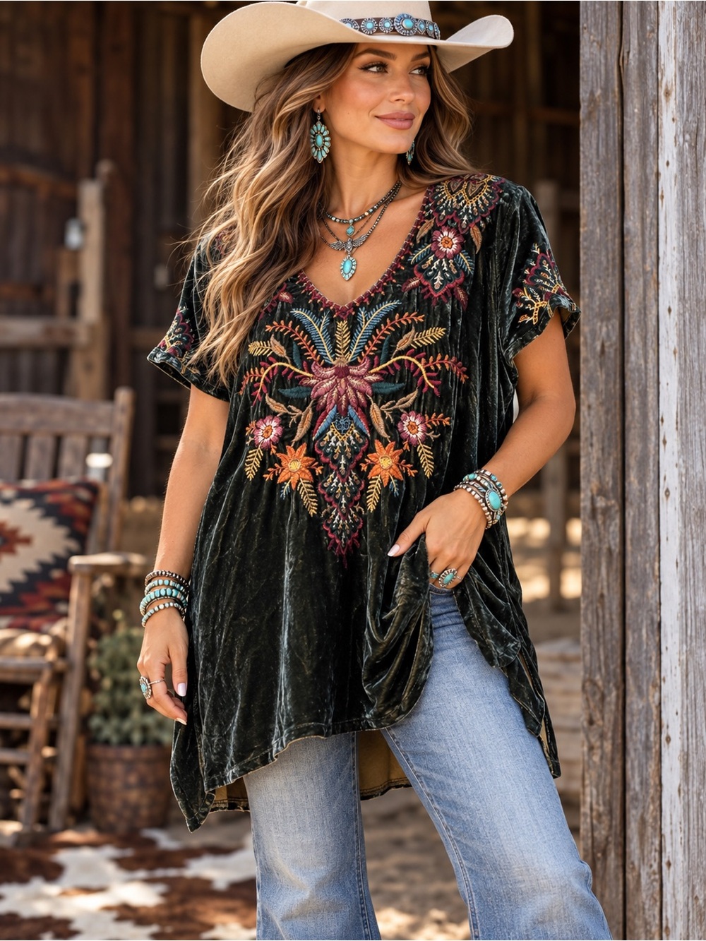 Johnny Was Velvet Embroidered Floral Tunic Top Green Size S Silk Blend